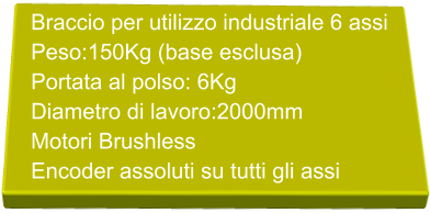 Braccio per utilizzo industriale 6 assi Peso:150Kg (base esclusa) Portata al polso: 6Kg  Diametro di lavoro:2000mm Motori Brushless  Encoder assoluti su tutti gli assi