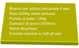 Braccio per utilizzo industriale 6 assi Peso:200Kg (base esclusa) Portata al polso: 12Kg  Diametro di lavoro:3000mm Motori Brushless  Encoder assoluti su tutti gli assi