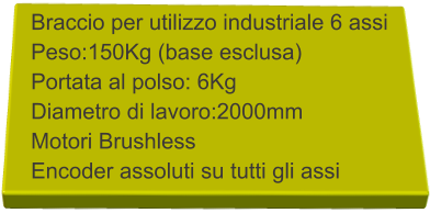 Braccio per utilizzo industriale 6 assi Peso:150Kg (base esclusa) Portata al polso: 6Kg  Diametro di lavoro:2000mm Motori Brushless  Encoder assoluti su tutti gli assi