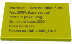 Braccio per utilizzo industriale 6 assi Peso:200Kg (base esclusa) Portata al polso: 12Kg  Diametro di lavoro:3000mm Motori Brushless  Encoder assoluti su tutti gli assi